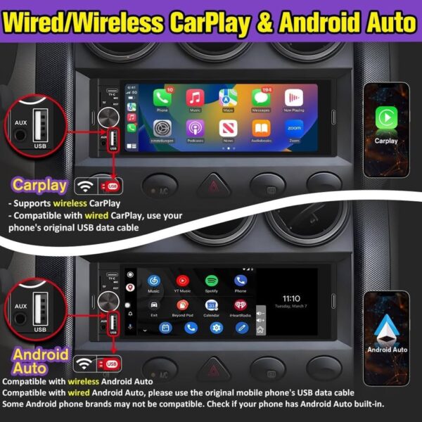 Pyniro Universal 1 Din Car Stereo with Wireless CarPlay/Android Auto, 6.1" Touch Display - Image 3