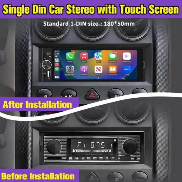 Pyniro Universal 1 Din Car Stereo with Wireless CarPlay/Android Auto, 6.1" Touch Display - Image 2