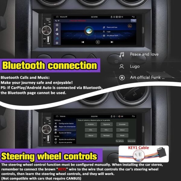 Pyniro Universal 1 Din Car Stereo with Wireless CarPlay/Android Auto, 6.1" Touch Display - Image 4
