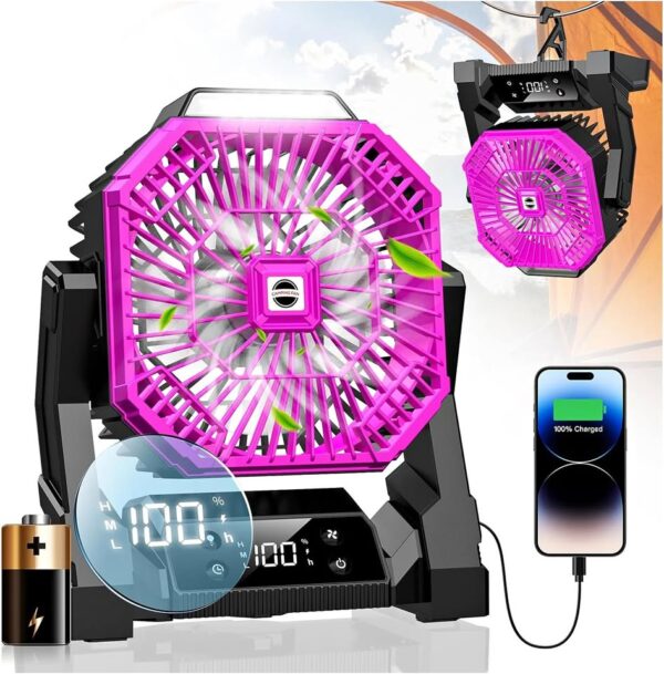 30000mAh Portable Camping Fan, Rechargeable USB Tent Fan with LED Light & Hooks - Image 2