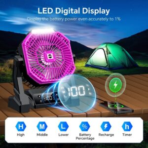 30000mAh Portable Camping Fan, Rechargeable USB Tent Fan with LED Light & Hooks