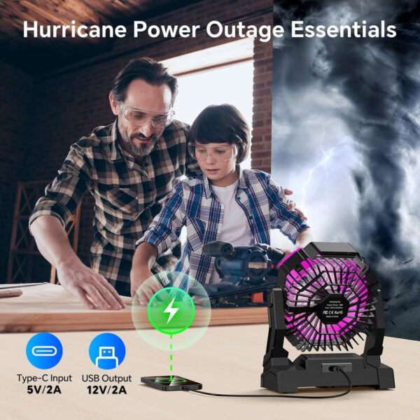 30000mAh Portable Camping Fan, Rechargeable USB Tent Fan with LED Light & Hooks - Image 3