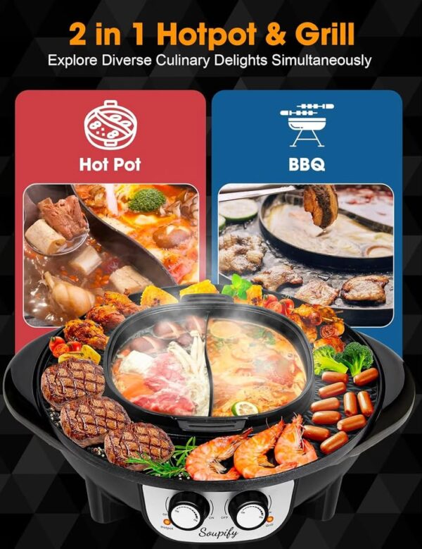 Soupify Hot Pot with Grill, 2-IN-1 Electric Hotpot Pot Korean BBQ Grill