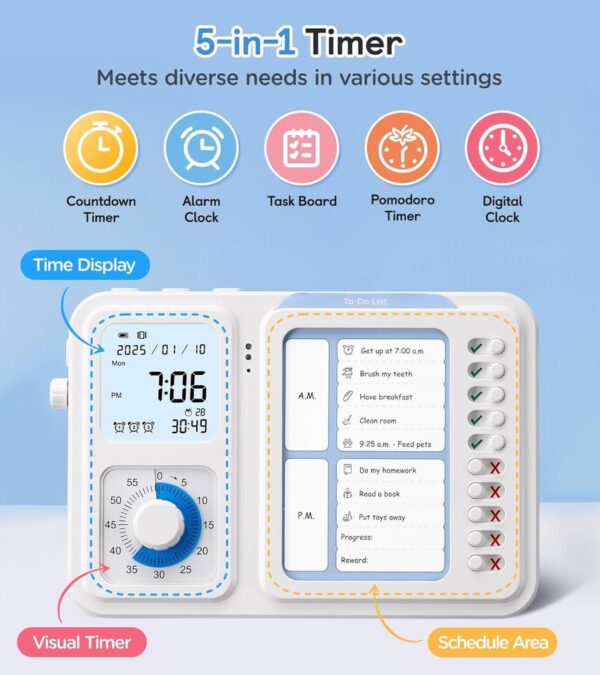 3-in-1 Visual Timer & ADHD Tool for Kids Adults, ADHD Task Timer with Chore Chat Board Schedule - Image 2