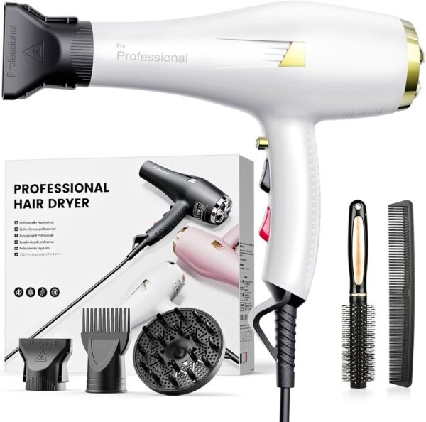 Professional Hair Dryer Ionic, Diffuser and Concentrator, 2 Speed 3 Heat Setting Hairdryer