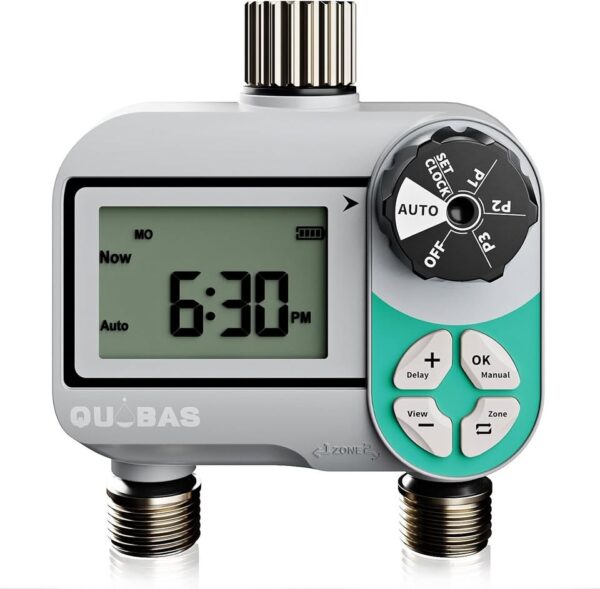 QUOBAS Weekly Plan 2 Zone Sprinkler Timer with Metal Inlet & Outlet, Water Timer for Garden Hose