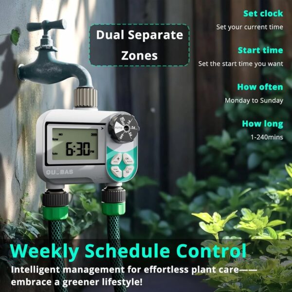 QUOBAS Weekly Plan 2 Zone Sprinkler Timer with Metal Inlet & Outlet, Water Timer for Garden Hose - Image 2