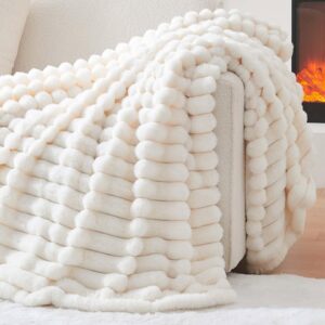 Deamsure Faux Fur Throw Blanket for Couch Fuzzy Plush Thick Warm Ivory Stiped Blanket
