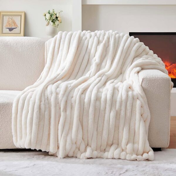Deamsure Faux Fur Throw Blanket for Couch Fuzzy Plush Thick Warm Ivory Stiped Blanket - Image 2