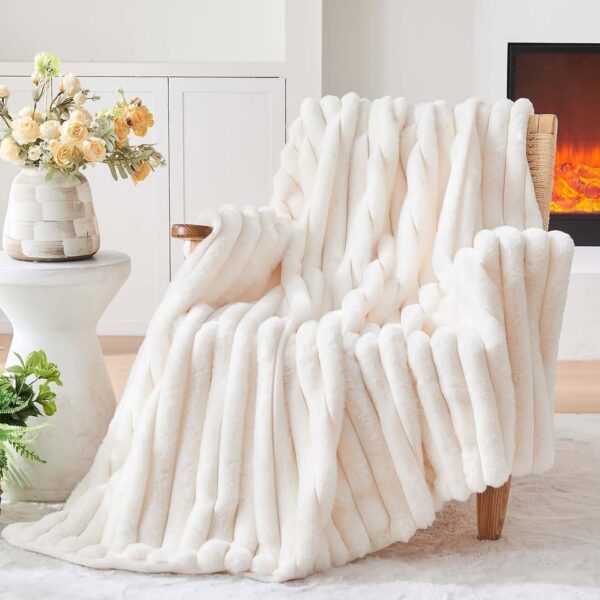 Deamsure Faux Fur Throw Blanket for Couch Fuzzy Plush Thick Warm Ivory Stiped Blanket - Image 3