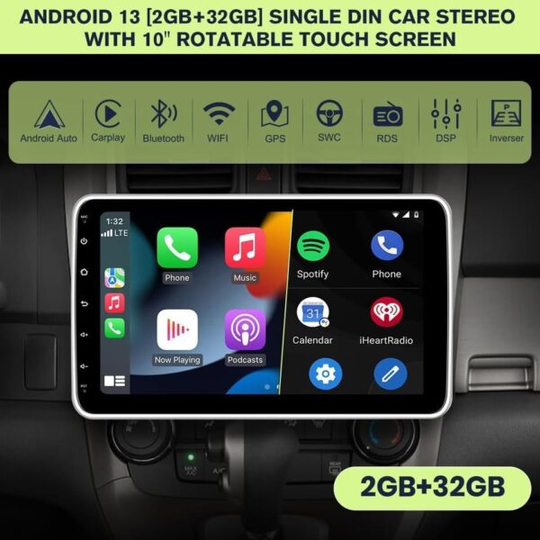 Pyniro Android 13 [2GB+32GB] Car Stereo 1 DIN Universal 10 Inch Rotatable Touch Screen CarPlay - Image 3