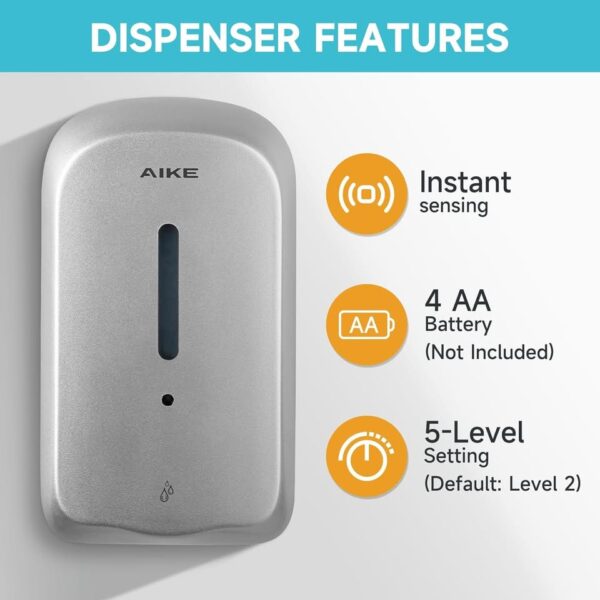 AIKE 1000ML Automatic Wall Mount Liquid Soap Dispenser with Commercial ABS Construction - Image 2