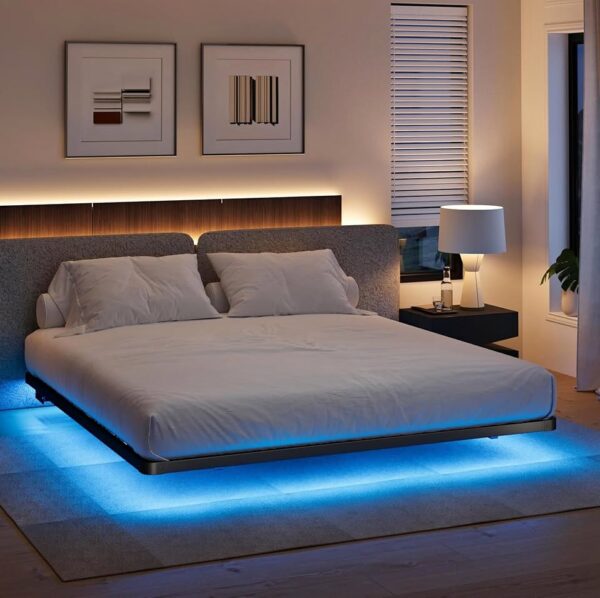 LAKKURI Floating Bed Frame King with Led Lights, King Size Floating Bed Frame