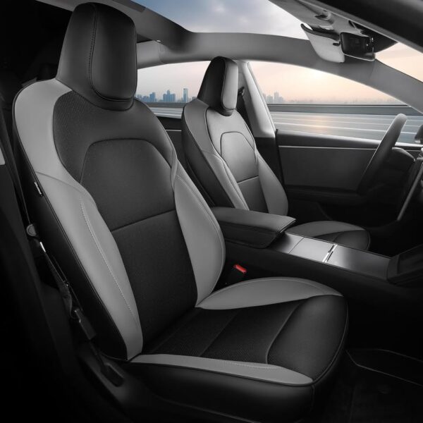 FEINEPRO Customized 5 Seat Cover for Tesla Model [hidden information], Nappa Faux Leather Black Grey - Image 3