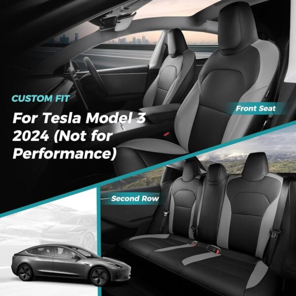 FEINEPRO Customized 5 Seat Cover for Tesla Model [hidden information], Nappa Faux Leather Black Grey - Image 2