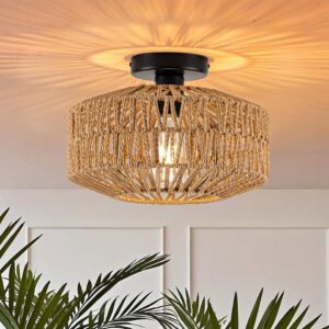 MAYNA Rattan Boho Ceiling Light Fixture, Hand-Woven Rattan Flush Mount Fixture for Farmhouse Hall
