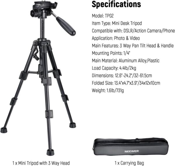 NEEWER Basic Mini Desk Tripod for Camera with 3 Way Pan Tilt Head & Handle