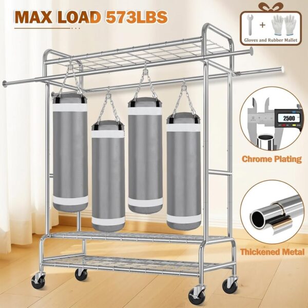 Heavy Duty Clothing Rack with Wheels - 573LBS Capacity Double Rod Clothes Rack - Image 3
