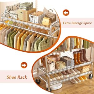 Heavy Duty Clothing Rack with Wheels - 573LBS Capacity Double Rod Clothes Rack