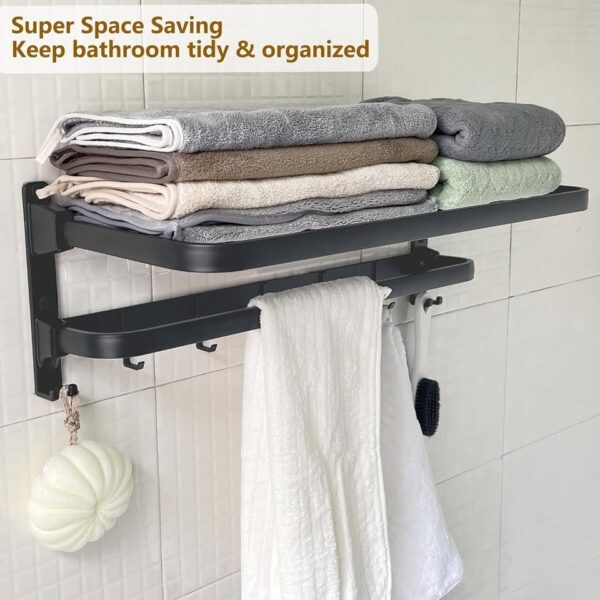 24in Towel Racks Shelf for Bathroom, Foldable Wall Mounted Towel Storage with 9 Towel Hooks - Image 3