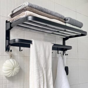 24in Towel Racks Shelf for Bathroom, Foldable Wall Mounted Towel Storage with 9 Towel Hooks
