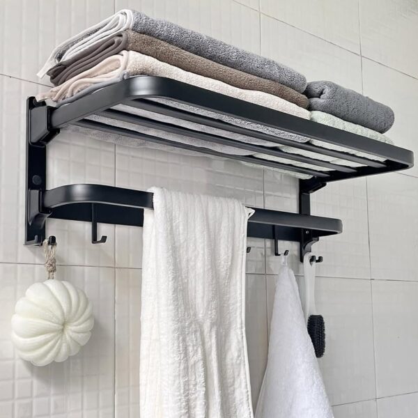 24in Towel Racks Shelf for Bathroom, Foldable Wall Mounted Towel Storage with 9 Towel Hooks