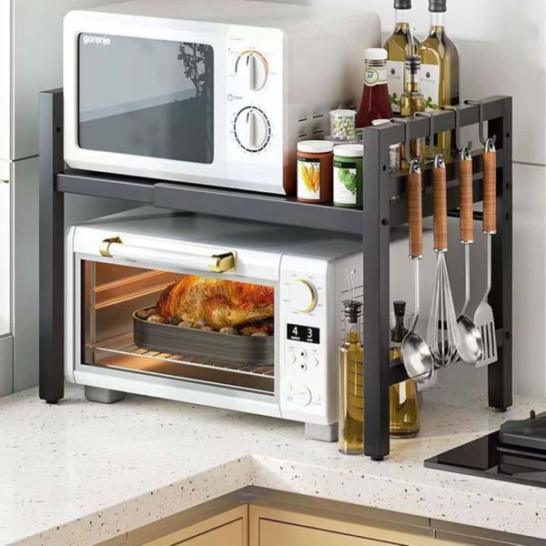Microwave Oven Rack, Microwave Stand,Adjustable Shelf with 6 Hooks Microwave Shelf - Image 2