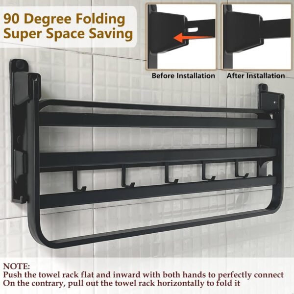 24in Towel Racks Shelf for Bathroom, Foldable Wall Mounted Towel Storage with 9 Towel Hooks - Image 2