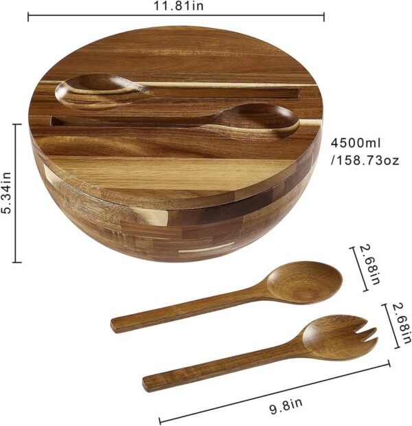 12'' Wooden Salad Bowl Large Wood Salad Bowl with Lid - Image 3