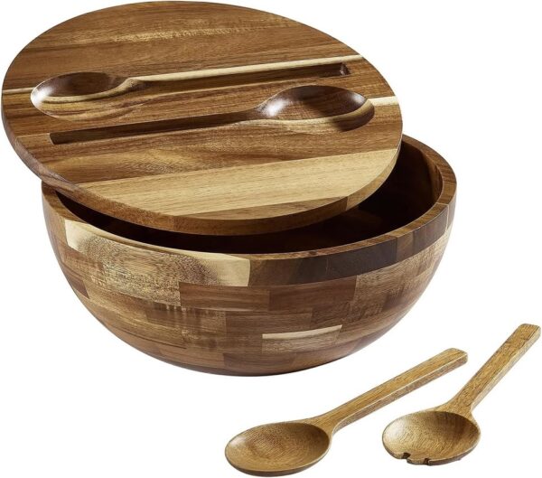 12'' Wooden Salad Bowl Large Wood Salad Bowl with Lid - Image 2