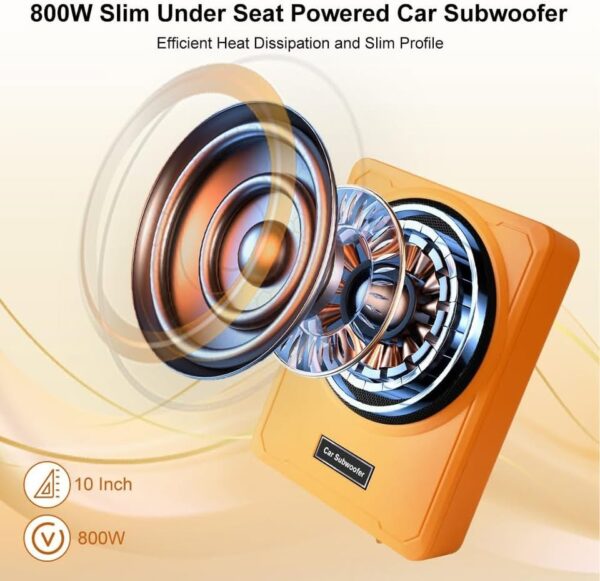 litillbuly 10 Inch 800W Orange Car Subwoofer,Slim Under Seat Car Subwoofer Powered, High/Low Level