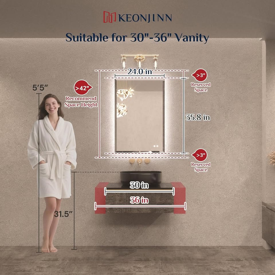 Keonjinn 24 x 36 in Beveled Backlit LED Mirror, Bathroom Vanity Mirror with Lights - Image 2