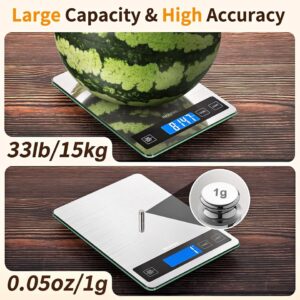 BAKFEE 33LB Digital Kitchen Scale with Tempered Glass and Stainless Steel Surface