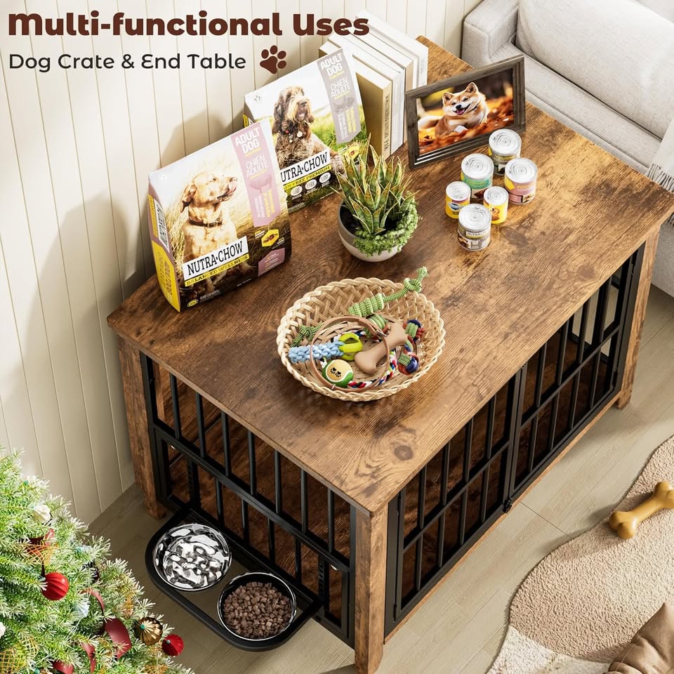 Lulive Wodden Dog Crate Furniture with Bowls & Double Doors (Brown, 1.5" L x 22.5" W x 25.6" H) - Image 3