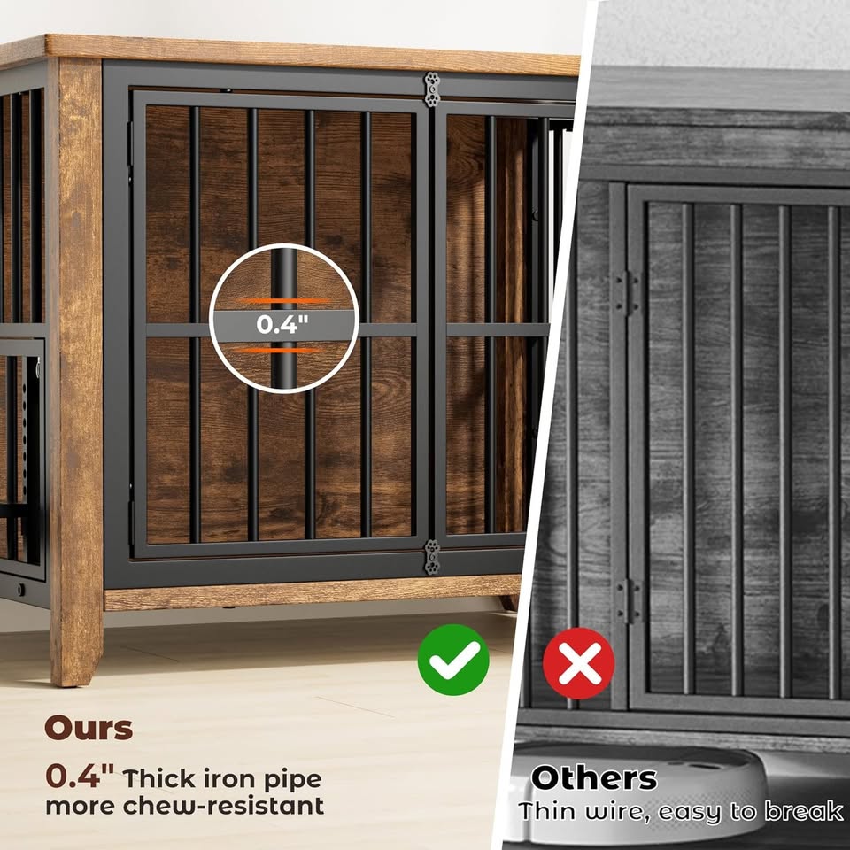 Lulive Wodden Dog Crate Furniture with Bowls & Double Doors (Brown, 1.5" L x 22.5" W x 25.6" H) - Image 2