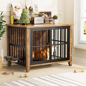 Lulive Wodden Dog Crate Furniture with Bowls & Double Doors (Brown, 1.5" L x 22.5" W x 25.6" H)