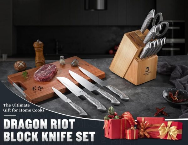 14 PCS Knife Set with Wood Block - Stainless Steel Kitchen Knife Block Set with Built in Sharpener - Image 2