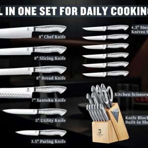 14 PCS Knife Set with Wood Block - Stainless Steel Kitchen Knife Block Set with Built in Sharpener