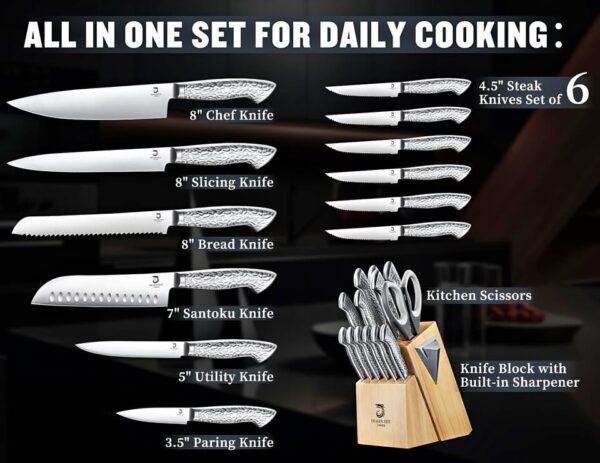 14 PCS Knife Set with Wood Block - Stainless Steel Kitchen Knife Block Set with Built in Sharpener