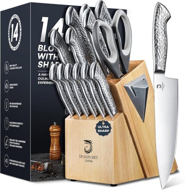 14 PCS Knife Set with Wood Block - Stainless Steel Kitchen Knife Block Set with Built in Sharpener - Image 3