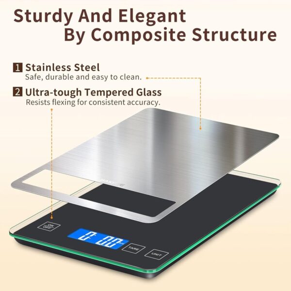 BAKFEE 33LB Digital Kitchen Scale with Tempered Glass and Stainless Steel Surface - Image 3
